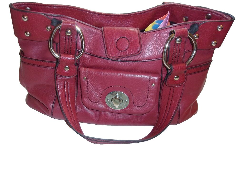 Aigner Leather Shoulder Bag Red Silver Studs East/West 14" X 9" X 4.5"  Pockets